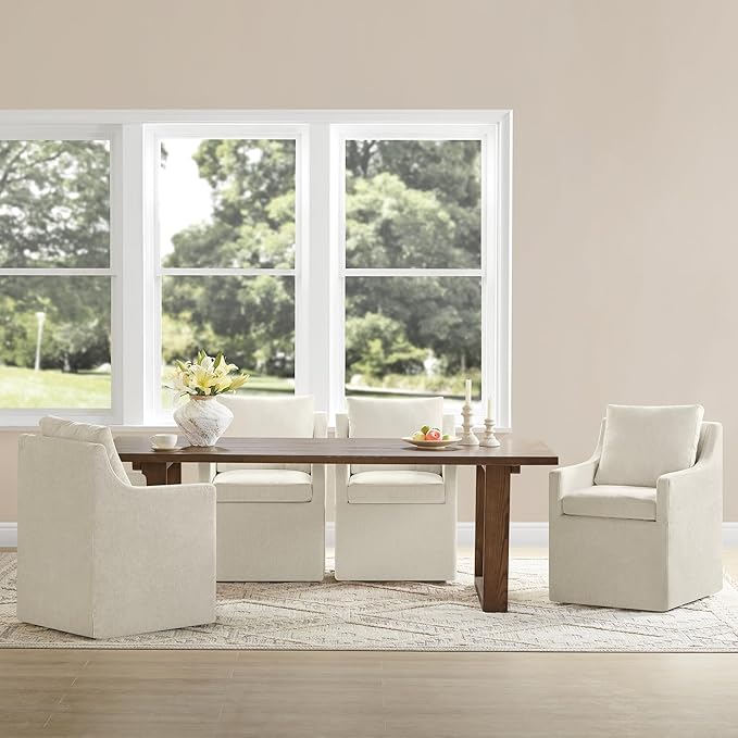 Upholstered Dining Chairs with Casters Washable Cover Side Deskchair with Rollers for Diningroom, Living Room, Cream Beige, 1 Box