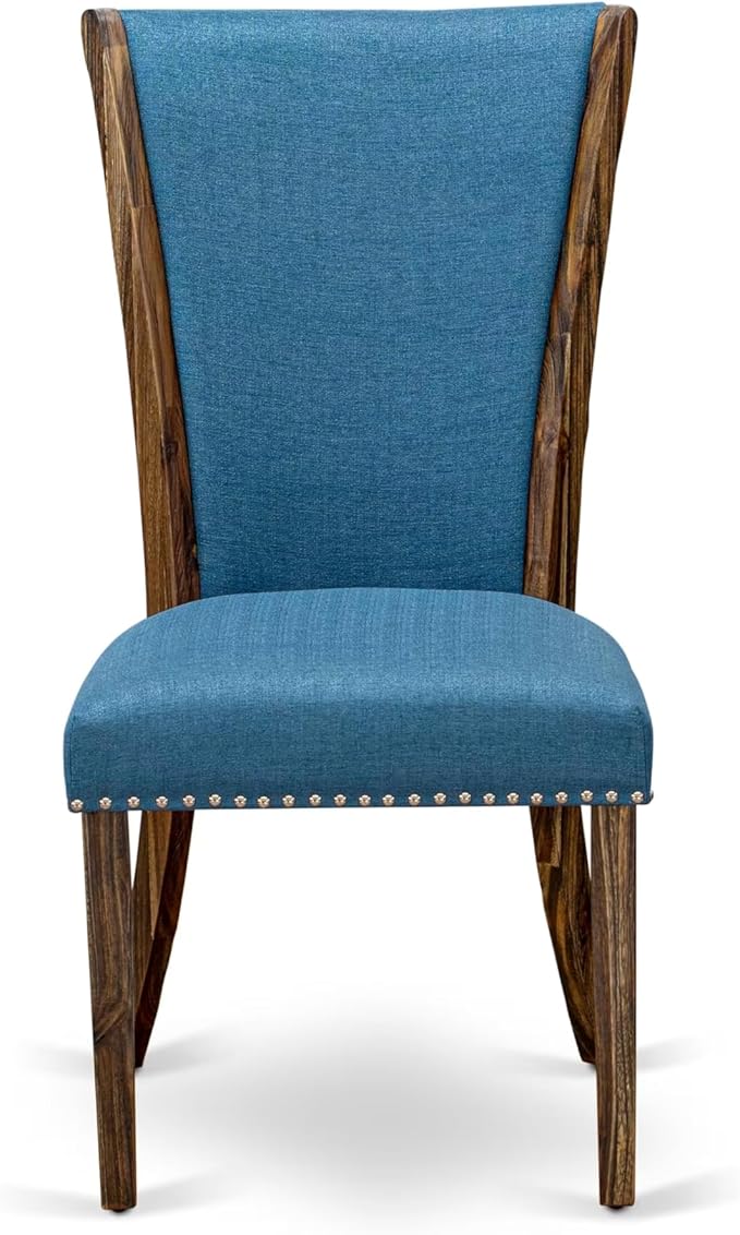 East West Furniture V727VE721-9 9 Piece Dining Set Includes a Rectangle Dining Room Table with V-Legs and 8 Blue Color Linen Fabric Upholstered Parson Chairs, 40x72 Inch, Multi-Color