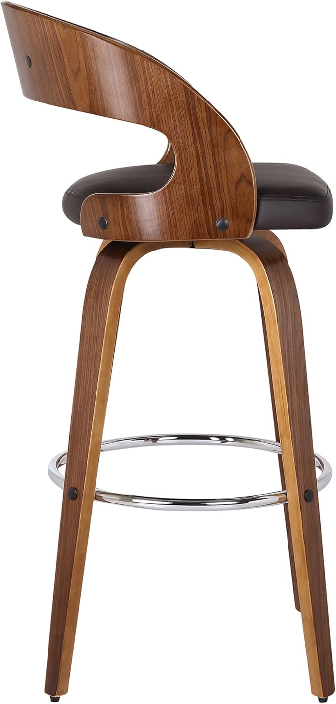Armen Living Shelly 26" Counter Height Swivel Brown Faux Leather and Walnut Wood Bar Stool - Set of 2