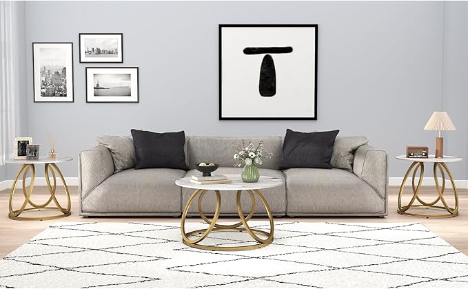 OIOG Round Coffee Table for Living Room, Modern Coffee Table with Marbling Natural Stone, Gold & White
