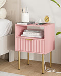 Masupu Nightstand with Charging Station,Mid-Century Modern Bedside Table with Storage Drawer and Open Wood Shelf,Small Gold Frame Side Table for Bedroom,Living Room (Pink Fluted)