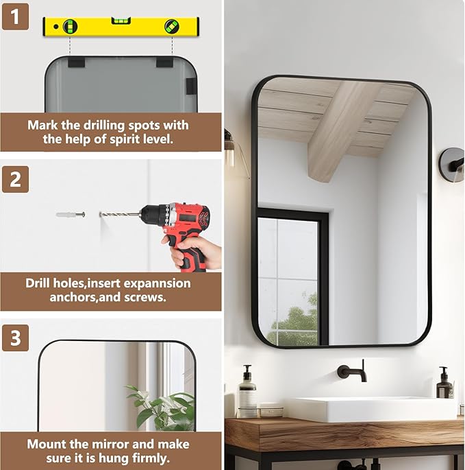 Matte Black Mirror, 22"x30" Rectangle Bathroom Mirror, Metal Frame Rectangle Corner Vanity Mirror, Wall Mounted Mirror for Modern, Living Room, Bedroom, Horizontal Or Vertical