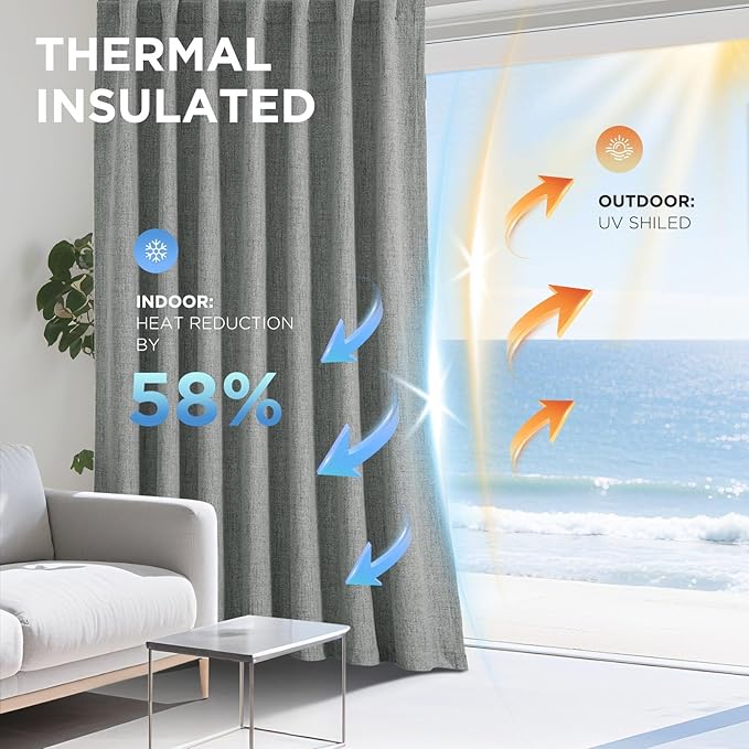Joydeco 100% Blackout Curtains for Bedroom - Natural Linen Curtains 52" W x 72" L Long, Thermal Insulated 2 Panels Light Grey. Room Darkening Light Blocking Drapes for Living Room