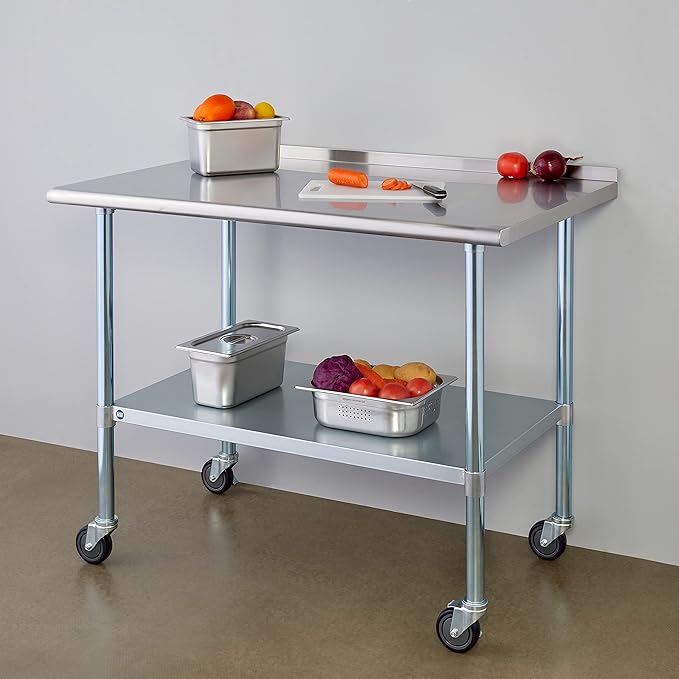 Stainless Steel Table for Prep & Work with Backsplash and Caster 30x48 Inches, NSF Metal Commercial Kitchen Table with Adjustable Under Shelf and Table Foot for Restaurant, Home and Hotel