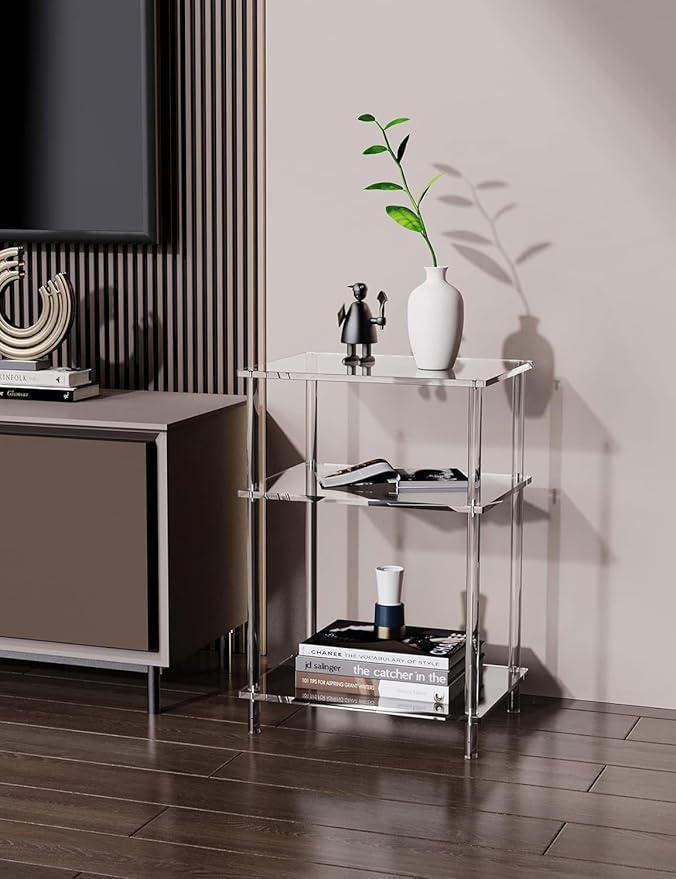 Acrylic Side Table Clear 3-Tier End Table for Living Room, Office, Hallway, Bedroom Small Bedside Table