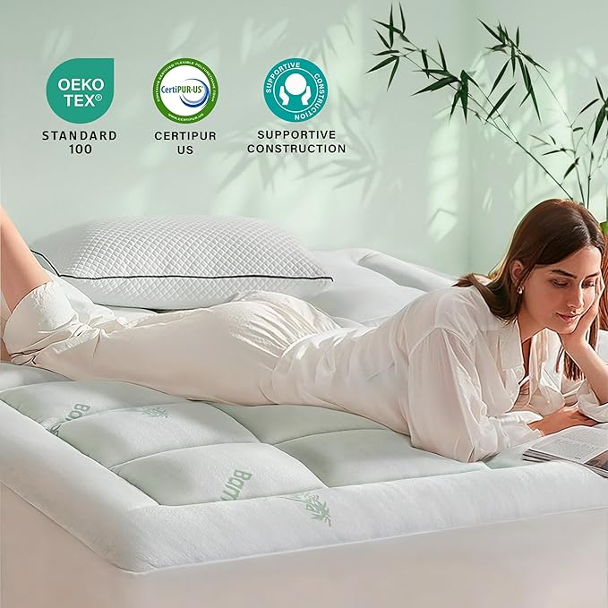 Anluoer Memory Foam Mattress Topper Full for Back Pain, Rayon Derived from Bamboo Pillow Top Mattress Topper for Hot Sleepers,Cooling Mattress Pad with 8-21" Deep Pocket, 54x75 Inches, White