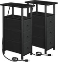 Narrow End Tables Living Room Set of 2 with Charging Station, Skinny Side Table with Fabric Drawers, Slim Nightstand for Bedroom, Small Spaces, Couch, Black, HETNDP03BK