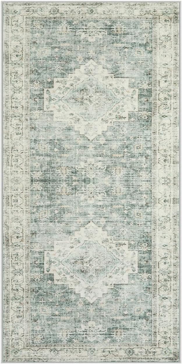 LIVEBOX Washable Rug 2x4 Kitchen Mats for Floor Entryway, Non Slip Front Door Mat for Bathroom Hallway, Boho Low-Pile Small Carpet Farmhouse Indoor Runner Rugs for Bath, Sage Green