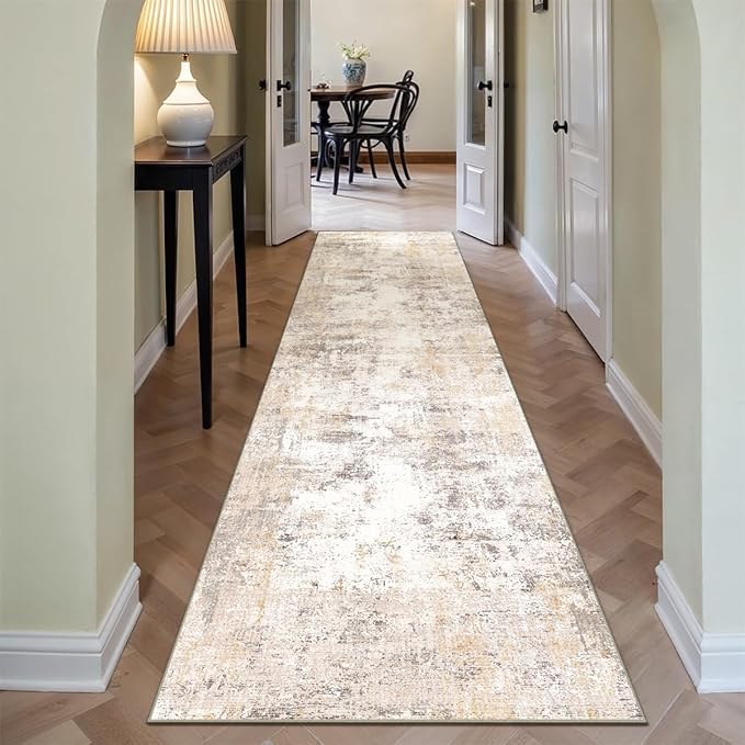 3x12 Washable Runner Rug Beige Grey Neutral Abstract Hallway Kitchen Living Room Bedroom Non Slip Throw Rug Soft Low Pile Indoor Carpet for Entrance Laundry Bathroom