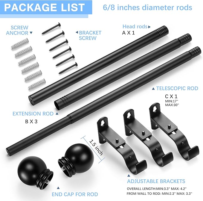 Curtain Rods for Windows 16 to 76 Inches, Curtain Rod Max Adjustable Length of 88 IN, 6/8" Diameter Drapery Rods Round Finials, Black, Pack of 1