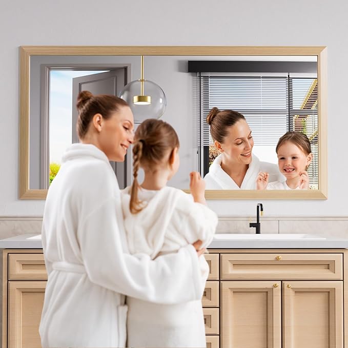 Amorho 72 X36 Inch Bathroom Mirror for Wall, Oak Wood Grain Metal Framed Mirror, Anti-Rust, Hang Horizontally/Vertically, Suitable for Bedroom, Farmhouse, Bathroom, Decorative