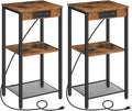 HOOBRO Tall End Tables with Charging Station, Set of 2, 30 Inch Tall Nightstands, 3-Tier Side Tables with Storage Shelves, for Living Room, Bedroom, Hallway, Rustic Brown BF09UDHP201G1