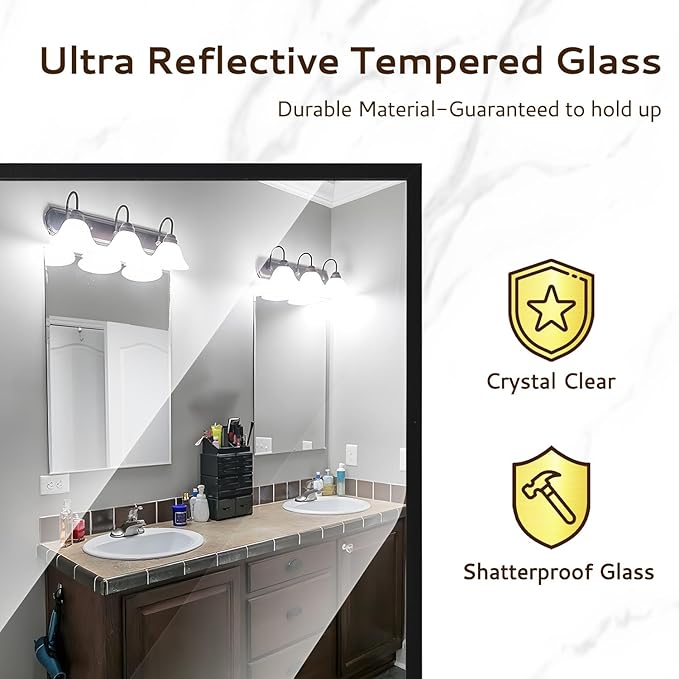 Bathroom Mirror 26"x38" Wall Rectangle Mirror Black Vanity Square Frosted Metal Frame Anti-Rust Tempered Glass Hangs Mirror for Bathroom Bedroom Entryway Living Room Decorative