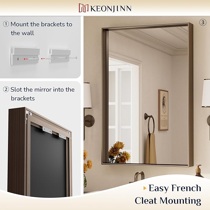 Keonjinn 24 x 32 Inch Brushed Bronze Mirror, Rectangle Bathroom Vanity Mirror for Wall, Aluminum Alloy Framed, Modern Farmhouse, Rectangular Square Corner, Decorative(Horizontal/Vertical)