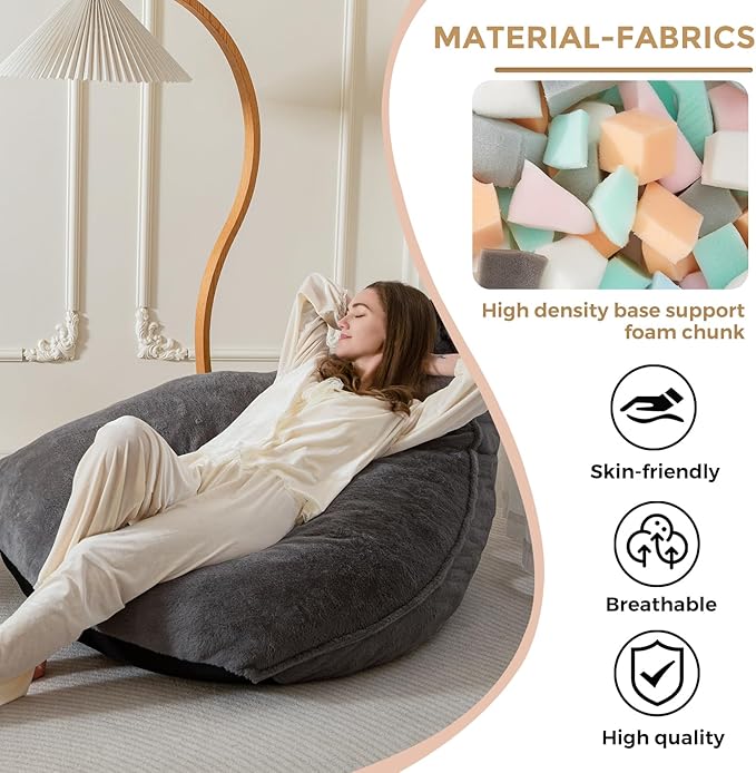 BYBYME Bean Bag Chairs Sherpa Lazy Sofa, Giant Beanbag Chairs for Adults with Stuffed High Density Foam Filling, Comfy Chair for Living Room