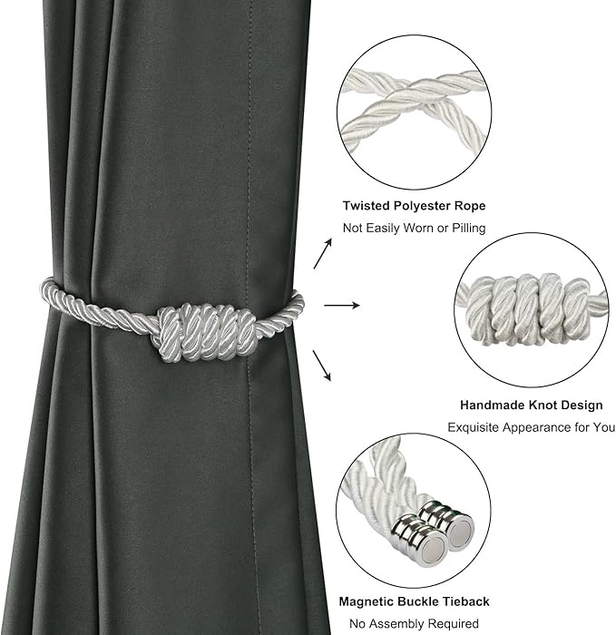 BEL AVENIR Magnetic Curtain Tiebacks, Decorative Drapery Holdbacks Modern Woven Tie-Backs with Exquisite Knot (White, 2 Pack)