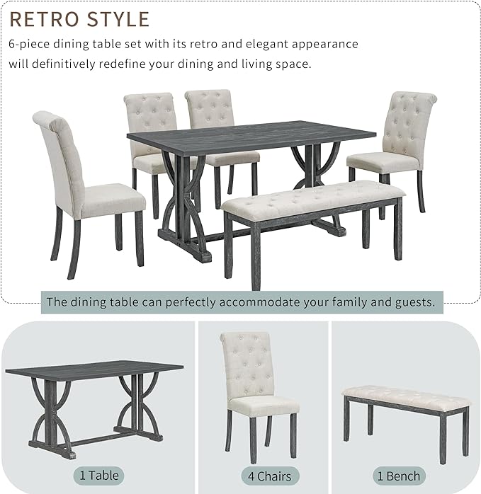 SogesPower 6-Piece Dining Table Set, Rectangular Farmhouse Kitchen Dining Table Set with 4 Upholstered Chairs & 1 Bench, Retro Kitchen Table Set for 4-6 for Dining Room Living Room, Gray Wash