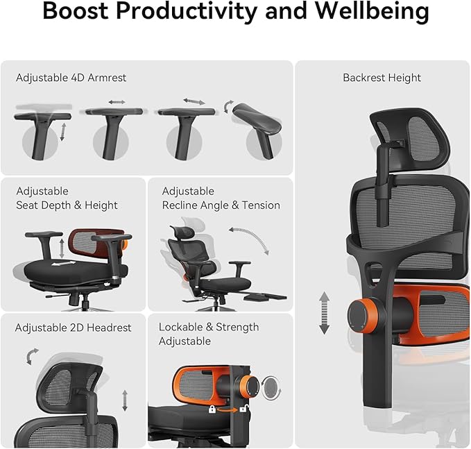 Newtral Office Chair Ergonomic - Home Office Desk Chair, Auto-Following Lumbar Support, 4D Armrest, Seat Depth and Height Adjustable for Long Time Sitting (with Footrest + Laptop Tray, Black)