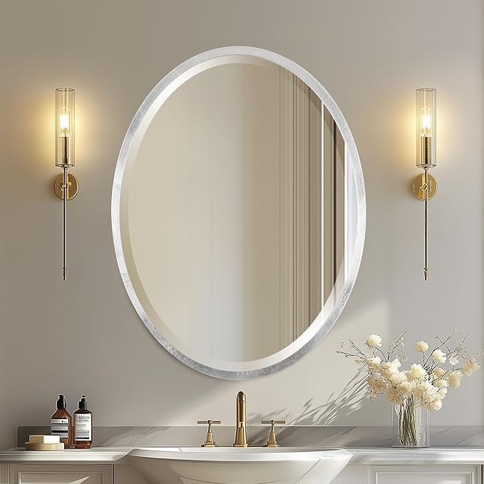 OVALCREST - Oval Wooden Beveled Wall Mirror for Home Decor, Bathroom, Vanity, Bedroom, Living Room, Hallway - London Style (Silver Leaf with Brown Antique) 25.1 x 31.1