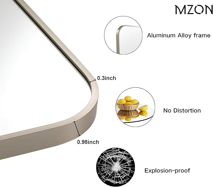 MZON 30x36Inch Brushed Nickel Bathroom Mirror, Large Rectangle Wall Mirror for Bathroom or Living Room, Anti-Rust Frame & Tempered Glass, Horizontal/Vertical Mount - Timeless&Elegance Wall Decor