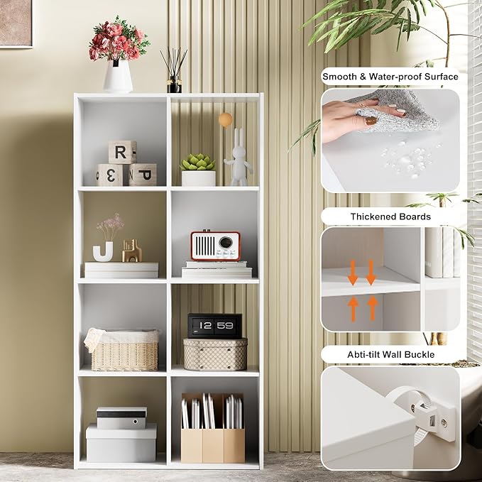 Sweetcrispy 8 Cube Storage Organizer - Open Cube Bookshelf with 4 Removable Back Panels, Display Storage Bookcase for Living Room, Bedroom, Entrance Hall, Home Office，47.7" L×11.6" W×24" H, White