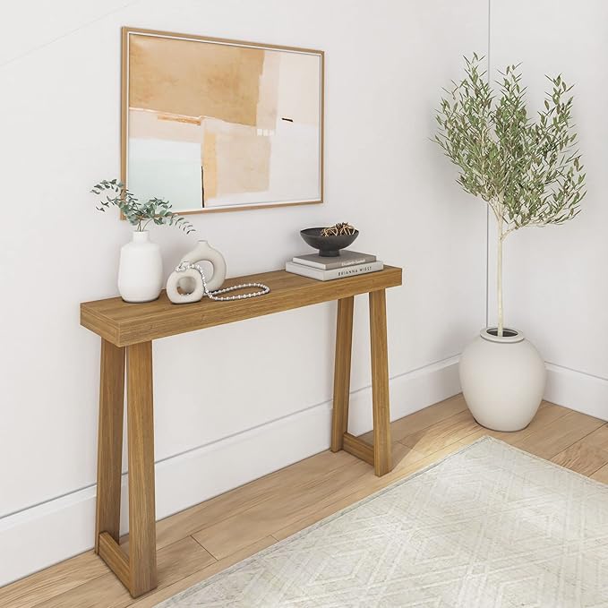 Plank+Beam Solid Wood Console Table, 46.25 Inch, Sofa Table, Narrow Entryway Table for Hallway, Behind The Couch, Living Room, Foyer, Easy Assembly, Pecan