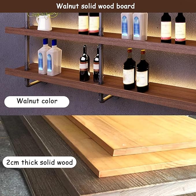 55.1in Large Wine Rack with LED Light Solid Wood Wall Mounted Wine Rack, 3-Tiers Liquor Bottles Floating Shelves Display Storage Organizer for Home Bar & Dining Room (140cm/55.1in)