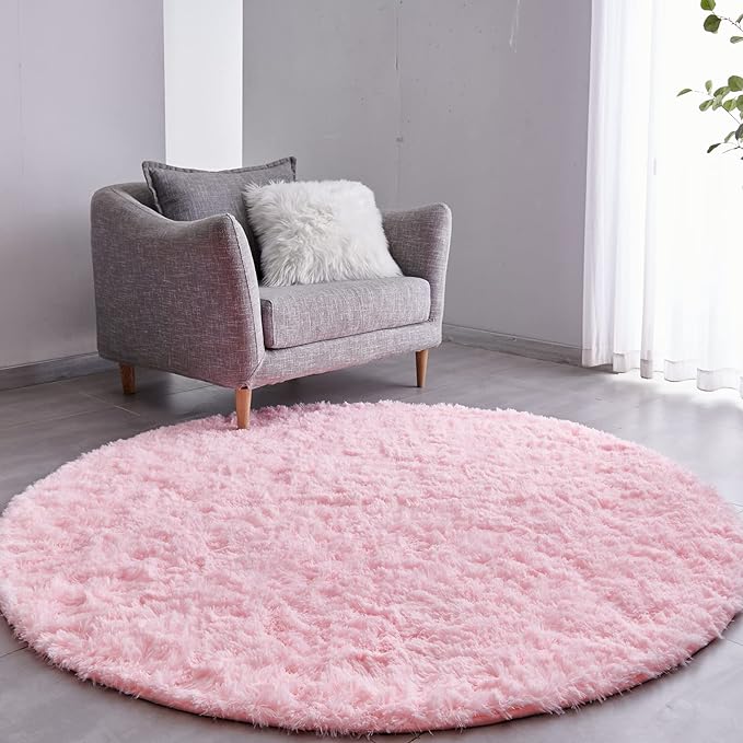 FJZFING Pink Round Rug Ultra-Soft Plush Modern 7x7 Circle Area Rug for Kid's Bedroom, Fluffy Shag Circular Rug for Nursery Room, Non-Slip Home Decor Cute Pink Carpet for Teen's Room