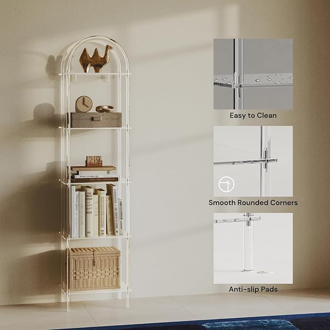 5-Tier Acrylic Arched Bookcase, Clear Narrow Bookshelf for Small Space, 13.8''W x 11.8''D x 57.1''H, Open Display Book Shelves for Home Office, Living Room, Bedroom, Modern