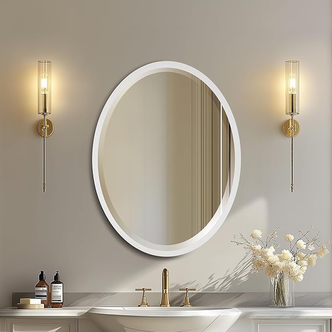OVALCREST - Oval Wooden Beveled Wall Mirror for Home Decor, Bathroom, Vanity, Bedroom, Living Room, Hallway - London Style (Linen White) 13.1 x 17.1