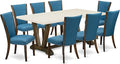 East West Furniture V727VE721-9 9 Piece Dining Set Includes a Rectangle Dining Room Table with V-Legs and 8 Blue Color Linen Fabric Upholstered Parson Chairs, 40x72 Inch, Multi-Color