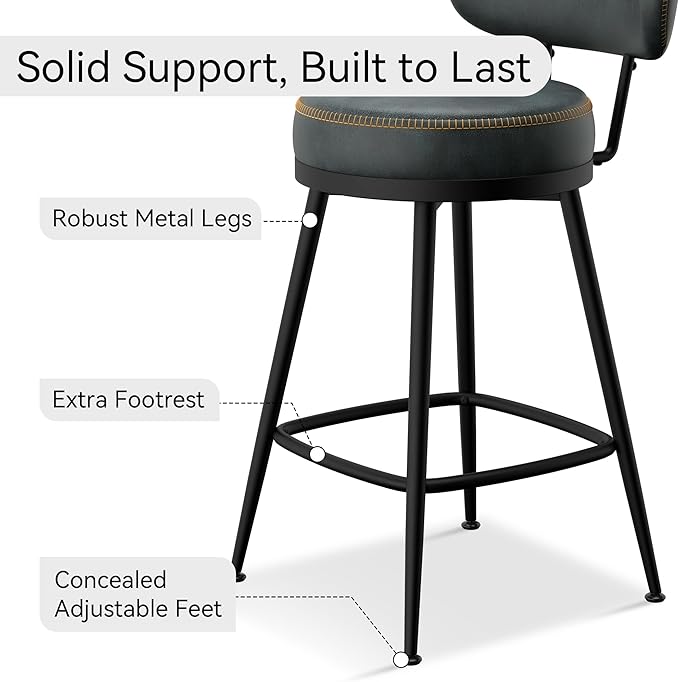 Counter Height Bar Stools, 26" H Swivel Barstools Set of 6, Faux Leather Kitchen Counter Stools with Back and Stylish Stitching, Metal Frame, Pub, Home Bar, Balck Green