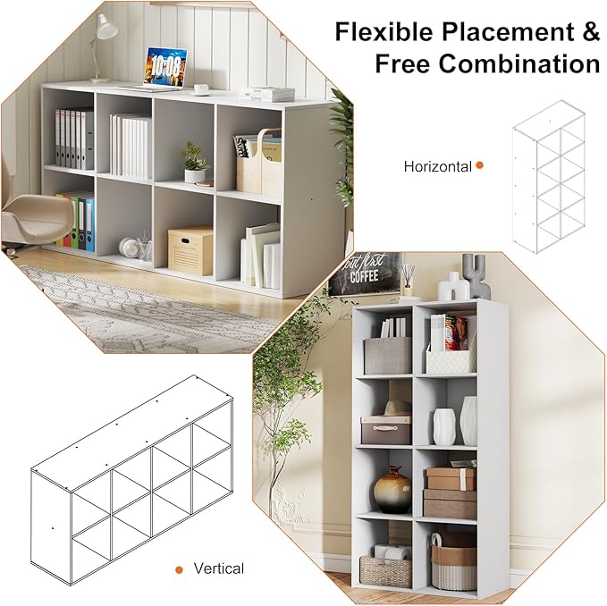 Sweetcrispy 8 Cube Storage Organizer - Open Cube Bookshelf with 4 Removable Back Panels, Display Storage Bookcase for Living Room, Bedroom, Entrance Hall, Home Office，47.7" L×11.6" W×24" H, White