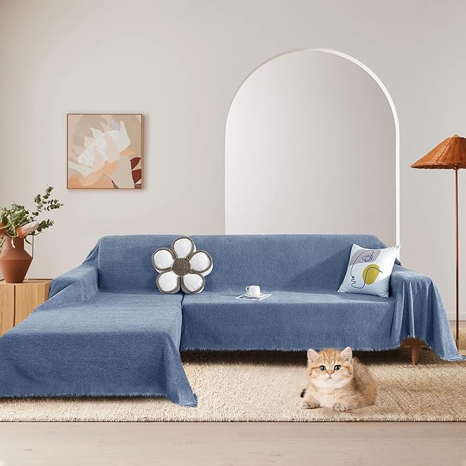STACYPIK Non Slip Blue Couch Covers Chenille Sofa Cover for Dogs, Herringbone Pet Protector for 2 Cushion Couch, Loveseat Cover for Sectional, Washable Furniture Cover Versatile Throw Blanket-71x118IN