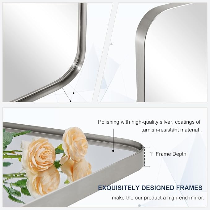 MOON MIRROR 36" x 24" Brushed Nickel Rectangle Bathroom Mirror, Tilting Rounded Rectangular Metal Framed Pivot Wall Mirror, Hangs Horizontally Only(Overall 39.75" x 22")