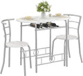 VECELO 3-Piece Dining Table Set for Kitchen Breakfast Nook, Faux Marbled Oval Tabletop and Metal Frame with Built-in Wine Rack, for Small Spaces, White & Silver
