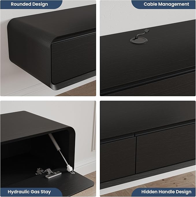 POVISON Fully Assembled Floating TV Stand, 63 inch Modern TV Stand with 3 Flip-Down Cabinet Doors, Black TV Stand, Solid Wood Floating Entertainment Center, Minimalist TV Console