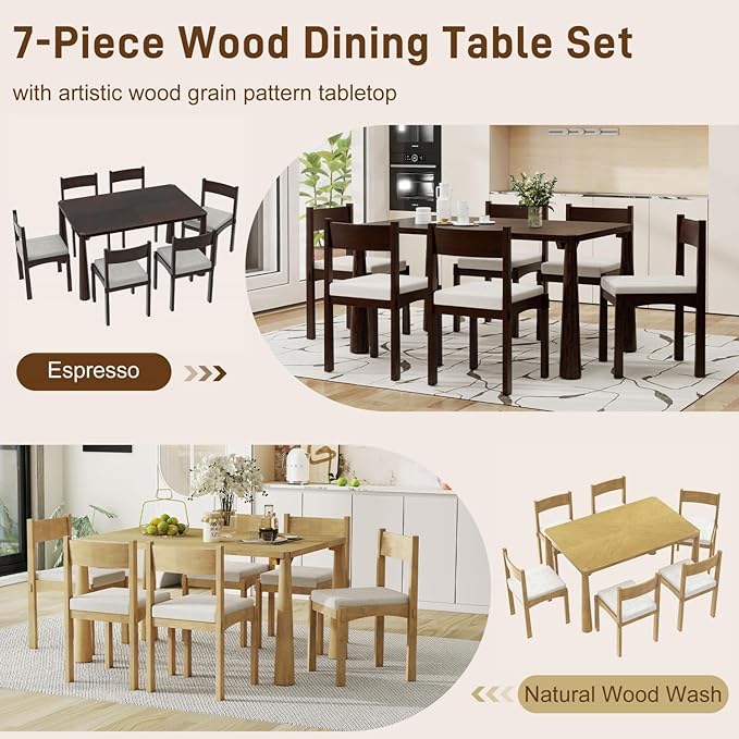 Dining Table with Chairs Set of 6, 7-Piece 60" Farmhouse Rectangular Dining Room Table with 6 Upholstered Solid Wood Chairs, Space Saving Kitchen Tables for Small Place (Espresso)