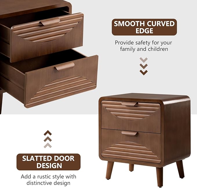 COSIEST Mid-Century Nightstand, Vintage Accent Furniture w 2 Storage Drawers, Modern End Table w Striped Pattern, Wood Small Accent Table for Bedroom, Living Room(Brown,2 Pieces)