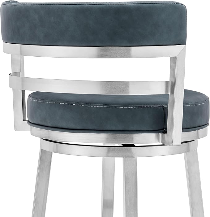 Armen Living Titana 26" Counter Height Swivel Blue Faux Leather and Brushed Stainless Steel Bar Stool
