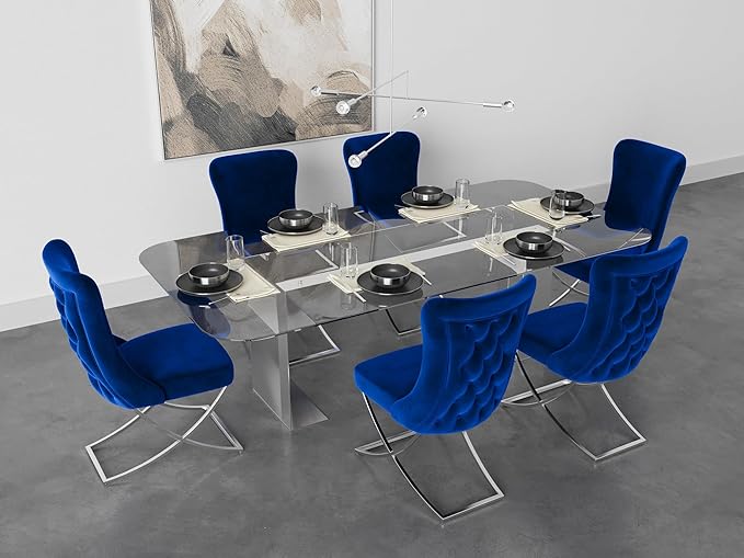 Ottomanson Royal Dining Chairs Set of 2 – Upholstered Tufted Microfiber, Assembled, Silver Metal Legs, Beech Wood Frame, 350 lb Capacity, Blue