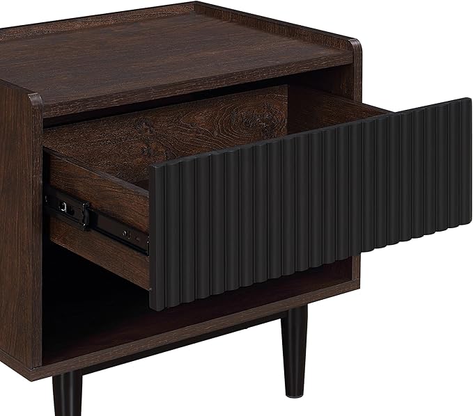 Manhattan Comfort Duane Modern Ribbed Nightstand Set of 2, Bedside Table with Full Extension Drawer and Open Shelf, Industrial Chic Living Room and Bedroom Furniture, Black