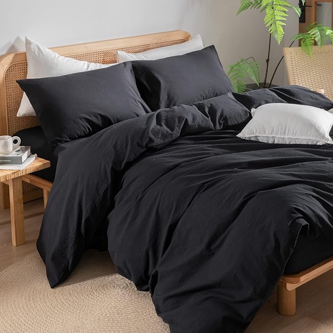 BESTOUCH Duvet Cover Set 100% Washed Cotton Linen Feel Super Soft Comfortable Chic Lightweight 3 PCs Home Bedding Set Solid Deep Black Queen