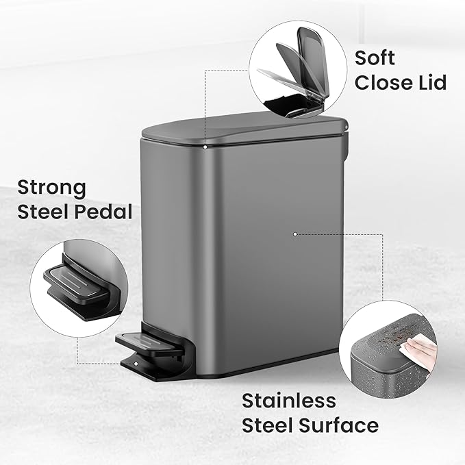 Cesun Small Bathroom Trash Can with Lid Soft Close, Step Pedal, 6 Liter / 1.6 Gallon Stainless Steel Garbage Can with Removable Inner Bucket, Anti-Fingerprint Finish (Gray)