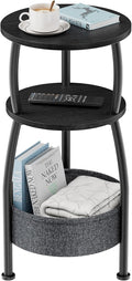 Small Round end Table for Living Room with Storage Basket –Small Space Saving End Table 3-Tier Accent Nightstand Couch Corner Table for Sofa, Bedroom, Patio and More 24in Tall Classic Black