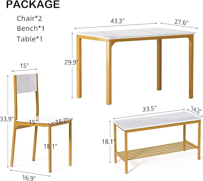 SogesHome 4-Piece Kitchen Table and 2 Chairs for 4 with Bench, Dining Table Set for Small Space, Apartment, Living-Room, Restaurant, Golden