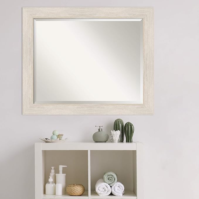 Amanti Art White Bathroom Mirror for Over Sink, 27x33 Hardwood White Wash Rectangle Vanity Mirror, Large Rustic Farmhouse Wood Frame, Hangs Horizonally and Vertically, Bathroom Wall Decor, Beveled