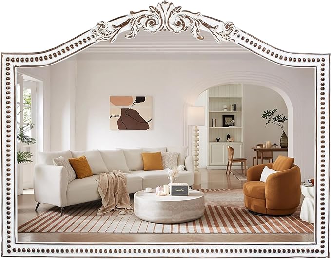 32x42 Inch Ornate Wooden Arched Wall Mirror, Rustic Farmhouse Decorative Wide Mirrors for Fireplace, Living Room, Bedroom, Entryway, Bathroom Over Sink
