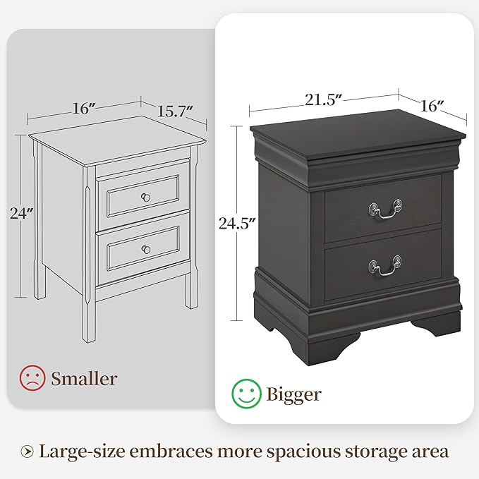 Yaheetech Fully-Assembled Nightstand with Drawers, Classic 2-Drawer Nightstand Large Bedside Table with Storage, Wooden Painted Storage Cabinet for Bedroom, 21.5″L×16″W×24.5″H, Rustic Gray