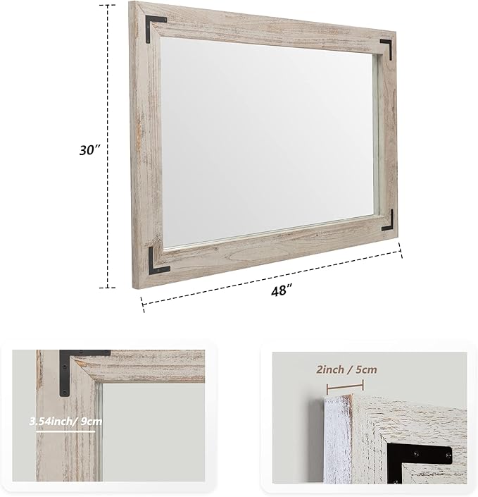 YOSHOOT Rustic Wooden Framed Wall Mirror, Natural Wood Bathroom Vanity Mirror for Farmhouse Decor, Vertical or Horizontal Hanging
